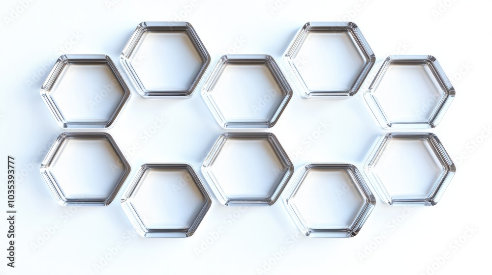 Set of transparent glass hexagons, arranged symmetrically, isolated on white background