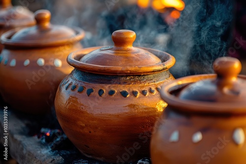 Boiling food in clay pots, capturing the essence of traditional, slow-cooked meals over an open fire photo