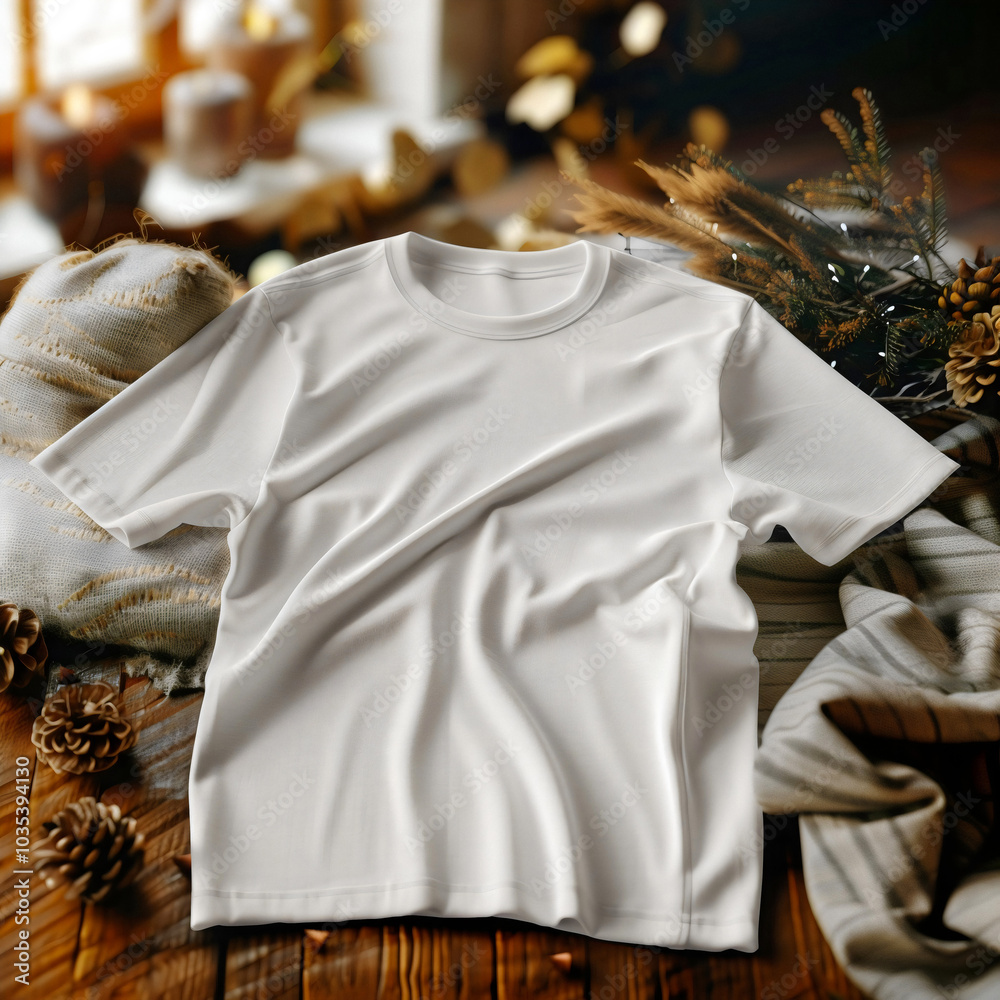 Mockup of a white t-shirt lying on the cosy holiday table. white t-shirt lying on the home table. Mockup of a white t-shirt lying on holiday bed. White t-shirt lying on the cosy home bed. Mockup of a white t-shirt lying on the cosy holiday table. white t-shirt lying on the home table. Mockup of a white t-shirt lying on holiday bed. White t-shirt lying on the cosy home bed.