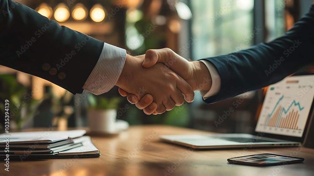 Two men shaking hands in a business setting Two men shaking hands in a business setting