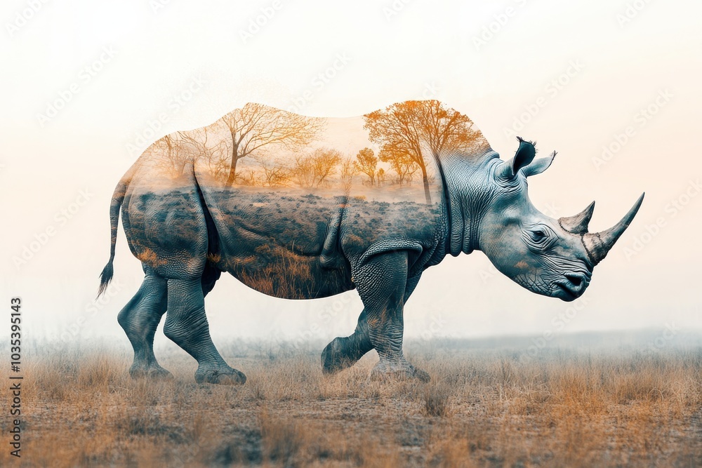 Fototapeta premium Unique double exposure of a rhino walking through an African landscape at sunset