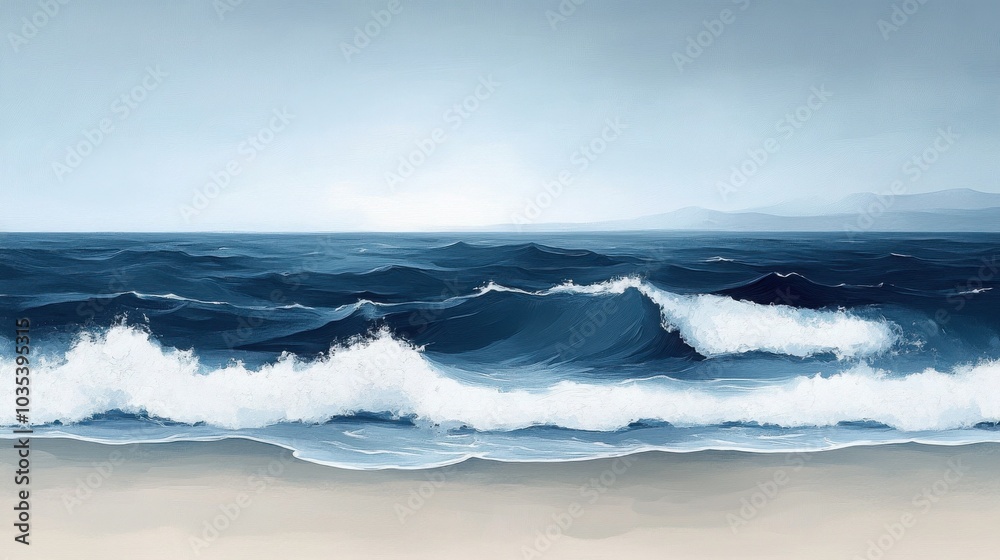 Tranquil seascape with crashing waves on a sandy beach, a calming blue and white palette. Tranquil seascape with crashing waves on a sandy beach, a calming blue and white palette.