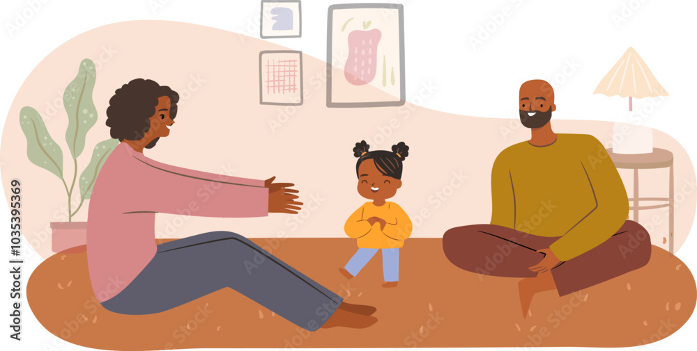 Parents watch their kid learn to walk. Parents watch their kid learn to walk.
