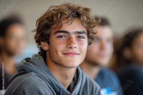 Teenage boy smiling during lecture in high school, Generative AI