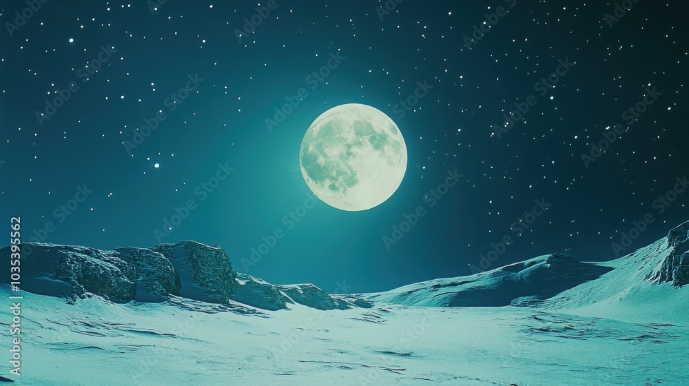 A breathtaking view of a full moon rising over a snow-covered mountain range. A breathtaking view of a full moon rising over a snow-covered mountain range.