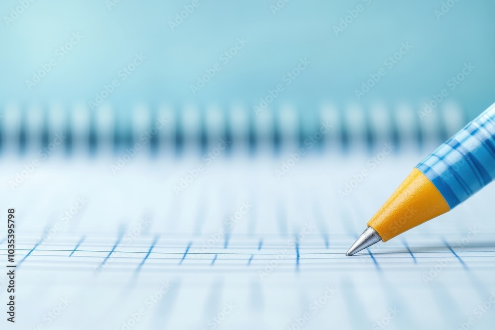 A close-up view of a blue and yellow pen poised above a grid-patterned notebook