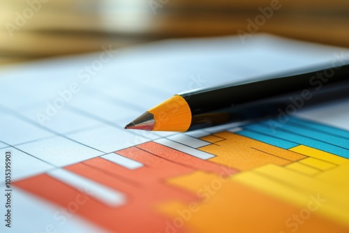 A colorful pencil rests beside a vibrant bar chart in a sunny workspace photo