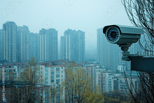 Surveillance camera overlooking a misty urban landscape at dawn in a bustling city