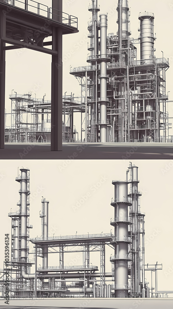 A horizontal banner with units for the oil industry. A 3D illustration of an architecture building based on imagination A horizontal banner with units for the oil industry. A 3D illustration of an architecture building based on imagination