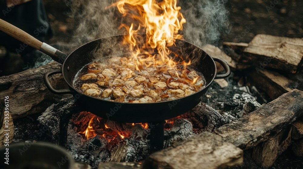 Traditional cooking over an open flame, with rustic tools and natural ingredients, capturing the essence of ancient culinary techniques Traditional cooking over an open flame, with rustic tools and natural ingredients, capturing the essence of ancient culinary techniques