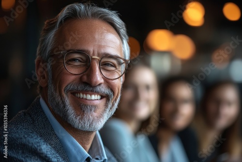 Smiling senior businessman having meeting with team, Generative AI