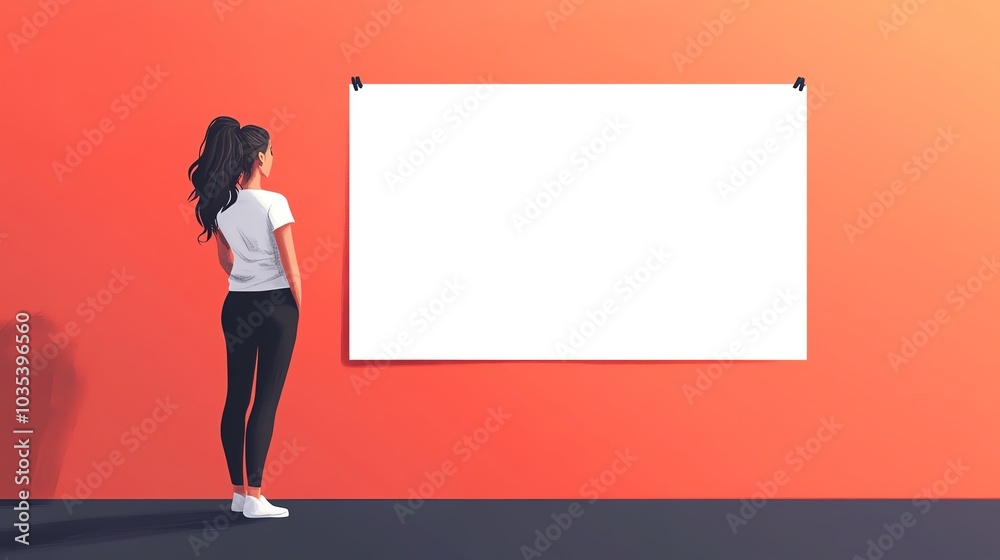 Person standing in front of a blank presentation board against an orange wall. Person standing in front of a blank presentation board against an orange wall.