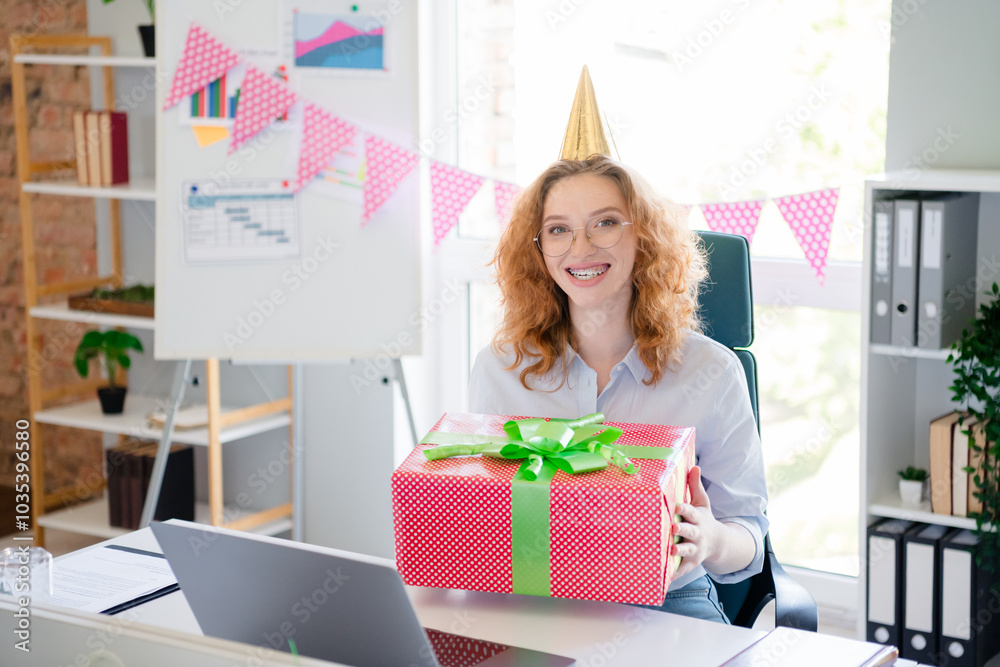 Photo of attractive young girl celebrate birthday giftbox wear formalwear modern office business consultant room interior indoors workspace Photo of attractive young girl celebrate birthday giftbox wear formalwear modern office business consultant room interior indoors workspace