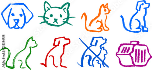 Dog Cat Pets Related Icon Crayon Chalk Drawing Vector Set