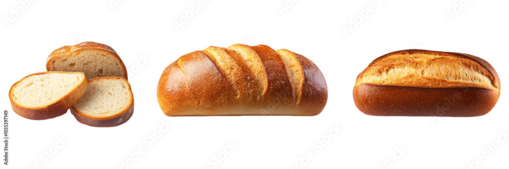 Freshly baked bread loaf and sliced bread isolated transparent background Freshly baked bread loaf and sliced bread isolated transparent background