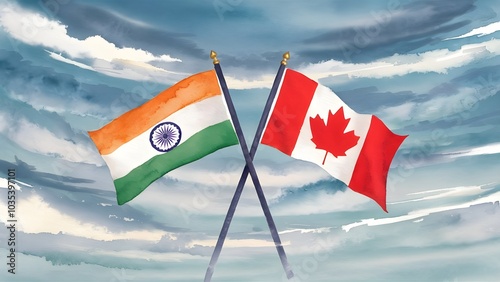 national flags of India and Canada, waving in the wind at a cloudy sky