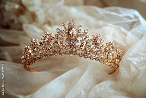 Tiara. Regal Gold Crown Coronation for Royalty Queen and King