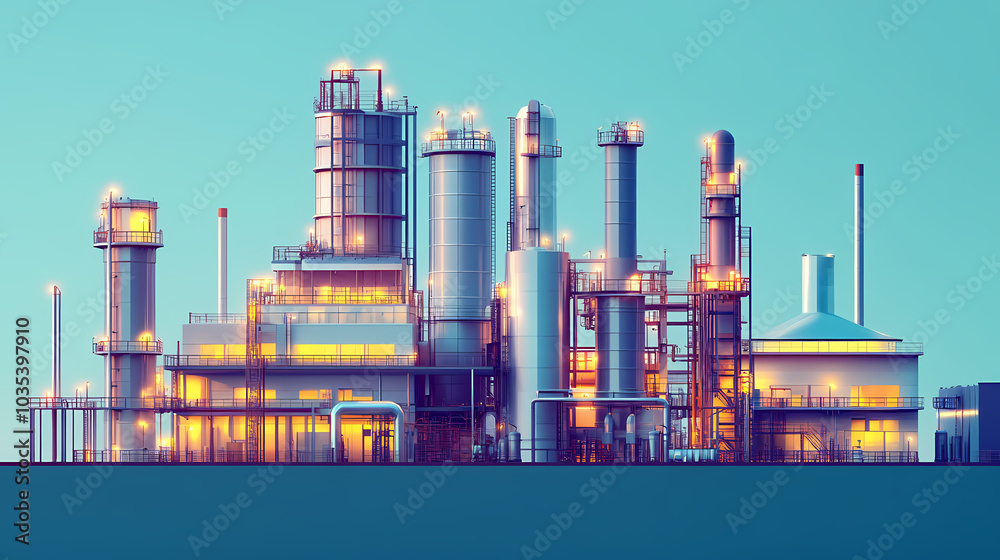 Fototapeta premium A horizontal banner with units for the oil industry. A 3D illustration of an architecture building based on imagination