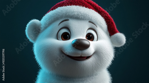 3D cartoon polar bear in a Christmas hat