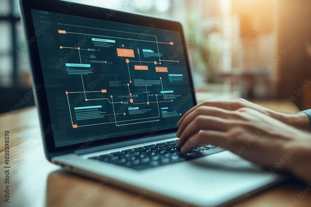 Close-up of a management workflow diagram on a laptop screen, hands typing, office desk setup, focus on efficiency and tech-driven work Close-up of a management workflow diagram on a laptop screen, hands typing, office desk setup, focus on efficiency and tech-driven work