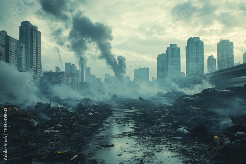 Urban landscape shrouded in smoke and debris, revealing the aftermath of industrial activity photo