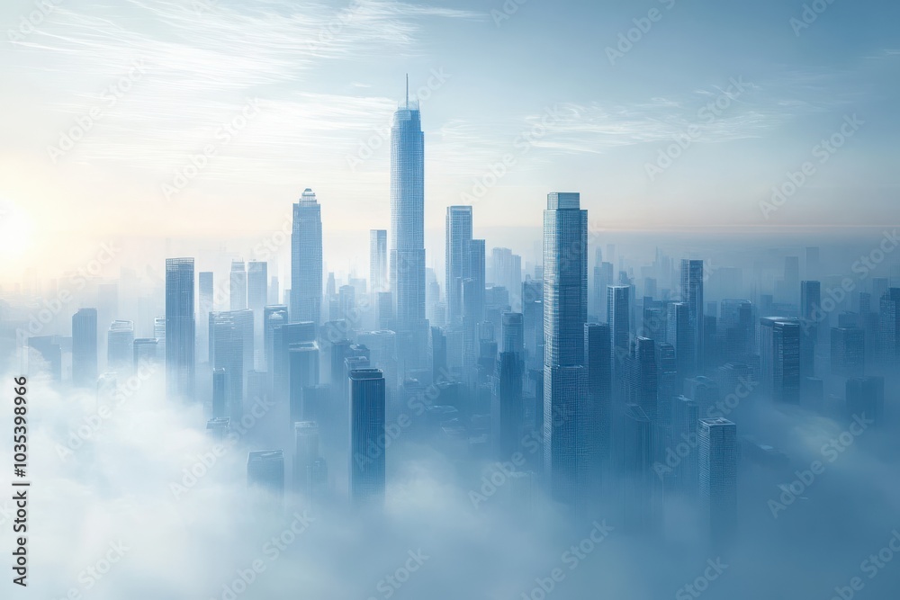 Cloudy city skyline with towering skyscrapers in soft morning light Cloudy city skyline with towering skyscrapers in soft morning light