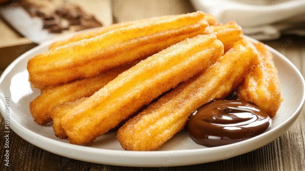 Churros with chocolate sauce on wooden table, close-up Churros with chocolate sauce on wooden table, close-up