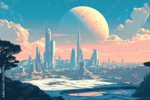 A futuristic landscape with towering cities under a vibrant celestial sky at dusk #1035399115