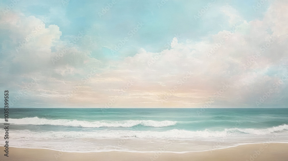 Fototapeta premium A tranquil beach scene on a canvas print, with soft waves and pastel skies, ideal for creating a peaceful vibe in home decor