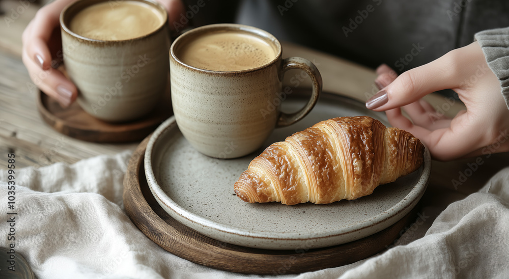 Two cups of coffee and a freshly baked croissant on a rustic table setting, perfect for a cozy, relaxed morning moment Two cups of coffee and a freshly baked croissant on a rustic table setting, perfect for a cozy, relaxed morning moment