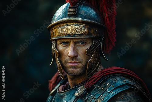 Portrait of a Roman legionary soldier in armor on dark background, Generative AI