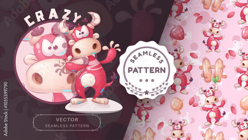 Cartoon character pretty animal cow dino - seamless pattern