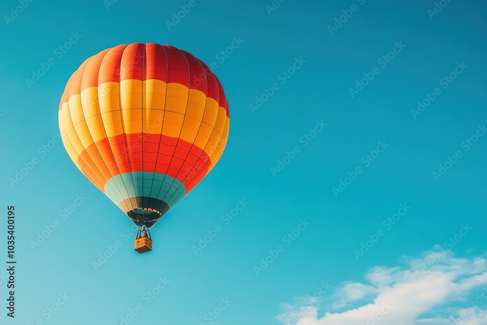 A bright hot air balloon gracefully soars high in the clear blue sky during a sunny afternoon A bright hot air balloon gracefully soars high in the clear blue sky during a sunny afternoon