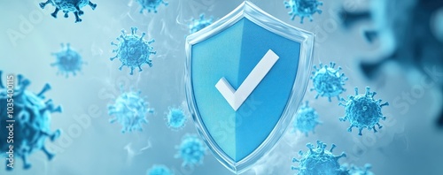 Shield and check mark icon surrounded by white bacteria on blue background, 3d style illustration.