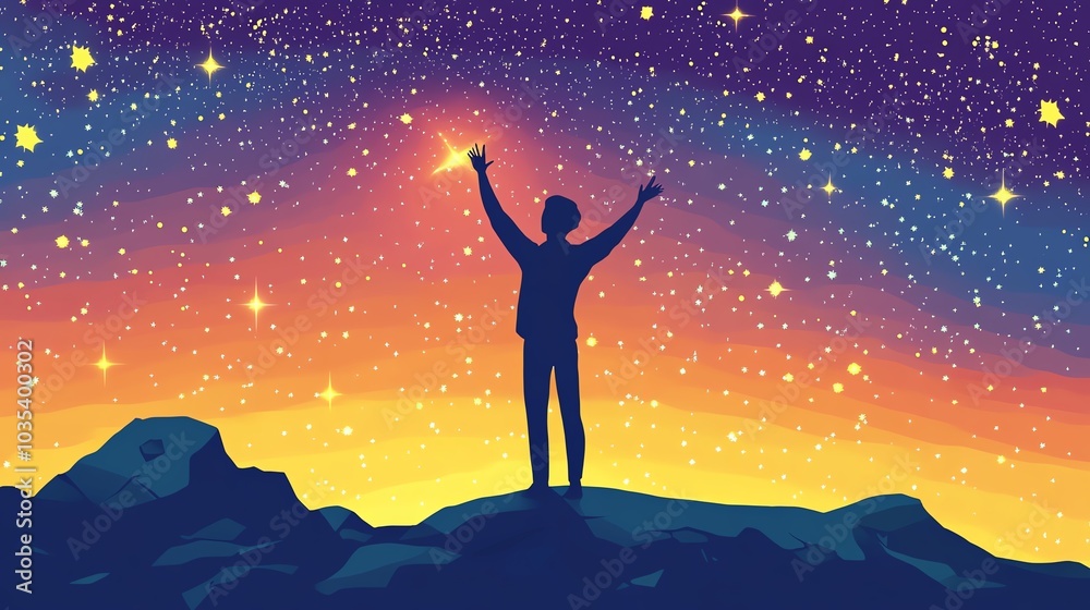 Silhouette of person reaching for stars against a colorful night sky. Silhouette of person reaching for stars against a colorful night sky.