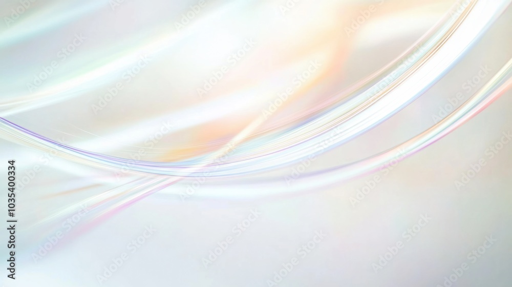 Soft, glowing pastel light trails, curving gently across the white background, creating a serene, abstract pattern