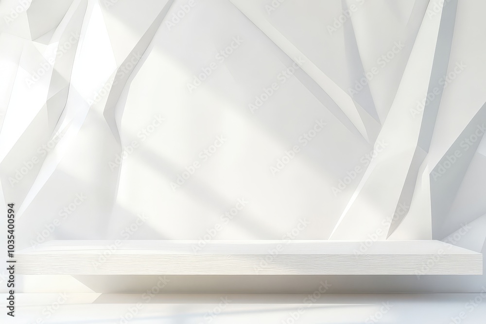 White Shelf Against a Geometric White Wall with Sunbeams White Shelf Against a Geometric White Wall with Sunbeams