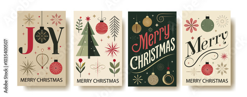 Modern Vintage Christmas Card Set – Elegant Vector Illustrations with Ornaments, Festive Typography, and Holiday Decor in Retro Style. Perfect for Seasonal Greeting Cards, Invitations, and Decor