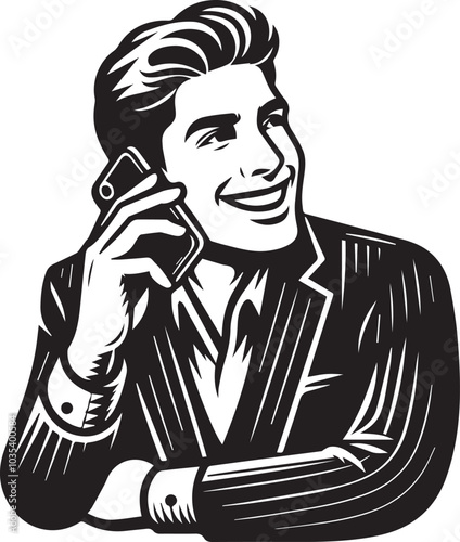 Young boss or founder or manager deal the projects, over the phone. Smiling face and discuss projects her client, vector illustration business graphic resource