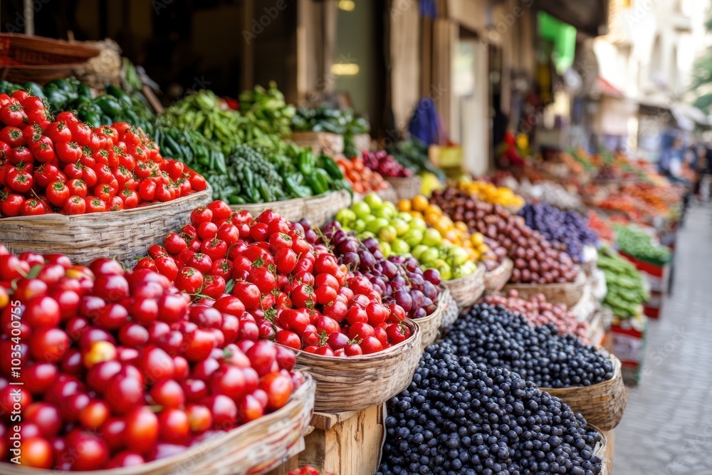 A vibrant market scene filled with an array of fresh fruits and vegetables displayed in baskets, showcasing colorful produce under natural light. A vibrant market scene filled with an array of fresh fruits and vegetables displayed in baskets, showcasing colorful produce under natural light.