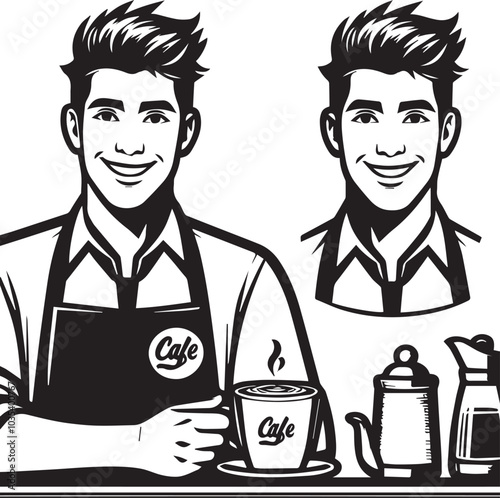 Coffee serving a waiter, restaurant or cafe concept of young people smiling face. Expression of happy customer vector illustration