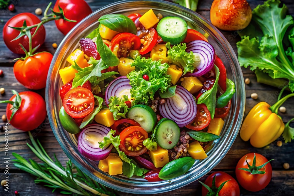 Fresh Salad in Glass Bowl - Aerial Drone Photography for Healthy Eating Fresh Salad in Glass Bowl - Aerial Drone Photography for Healthy Eating