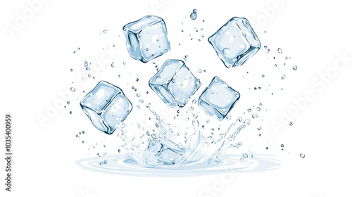 Ice cubes with water splash and drops. Cold mineral water, natural aqua or cocktail drink realistic vector splashes or frozen motion ripples with ice cubes. Refreshing beverage, soda isolated fizz
