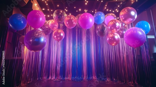 The venue is adorned with balloons and disco balls creating a nostalgic atmosphere of an adult theme photo