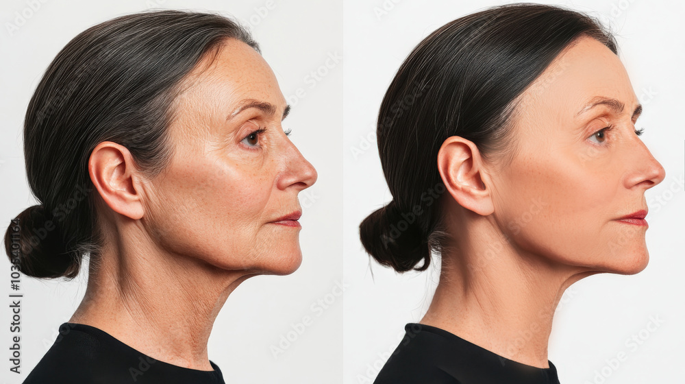 A middle-aged woman showcases the striking difference in her appearance, highlighting the effects of cosmetic procedures and rejuvenation techniques on aging skin, facelift and facial surgery, botox, A middle-aged woman showcases the striking difference in her appearance, highlighting the effects of cosmetic procedures and rejuvenation techniques on aging skin, facelift and facial surgery, botox,
