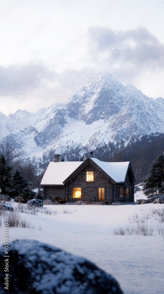 A cozy log cabin sits amidst snow-covered mountains, illuminated by warm light, creating a serene winter landscape. A cozy log cabin sits amidst snow-covered mountains, illuminated by warm light, creating a serene winter landscape.
