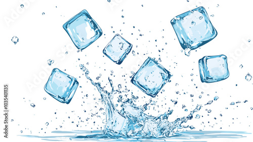 Ice cubes with water splash and drops. Cold mineral water, natural aqua or cocktail drink realistic vector splashes or frozen motion ripples with ice cubes. Refreshing beverage, soda isolated fizz