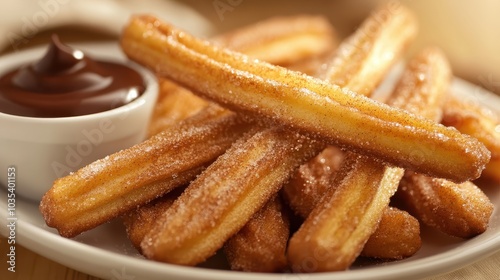 Churros with chocolate sauce on a plate, close-up