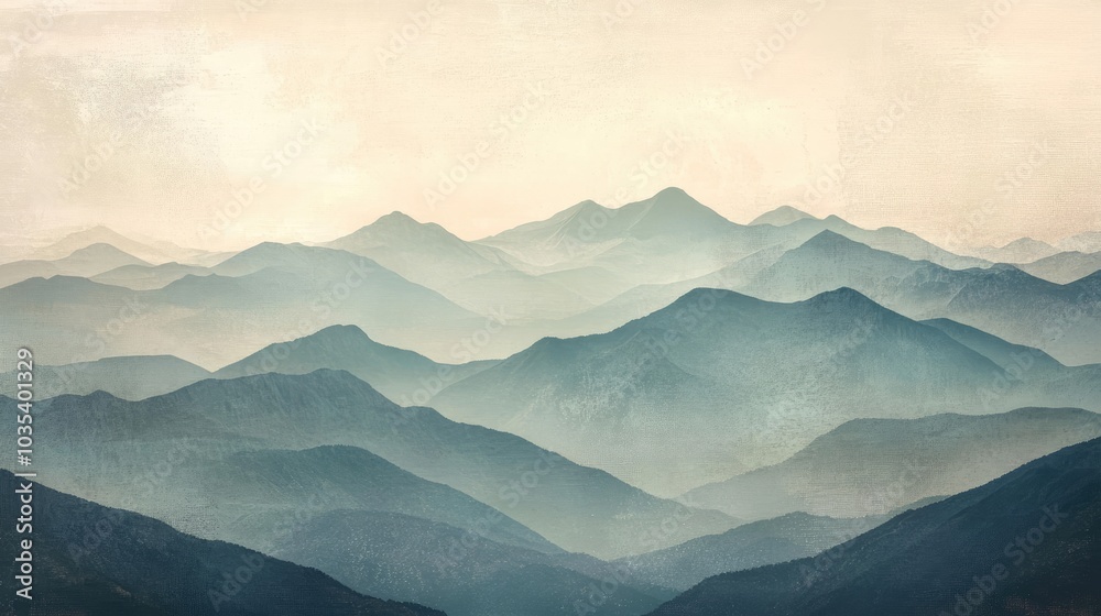 A calming mountain landscape print on canvas with muted tones, perfect for a serene and natural home decor setting A calming mountain landscape print on canvas with muted tones, perfect for a serene and natural home decor setting