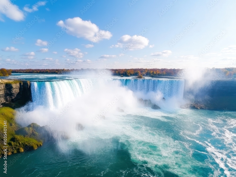 A stunning view of a waterfall cascading into a river, surrounded by mist and a clear blue sky, showcasing the beauty of nature. A stunning view of a waterfall cascading into a river, surrounded by mist and a clear blue sky, showcasing the beauty of nature.